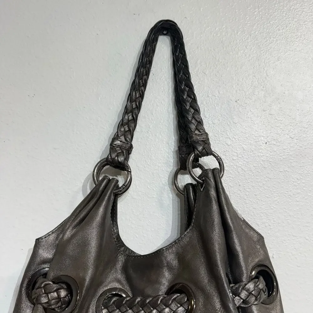 Michael Kors Metallic Silver Leather Drawstring Hobo Shoulder Bag Large